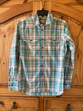 Women Ariat Rebar green orange plaid long sleeve button down shirt size XS